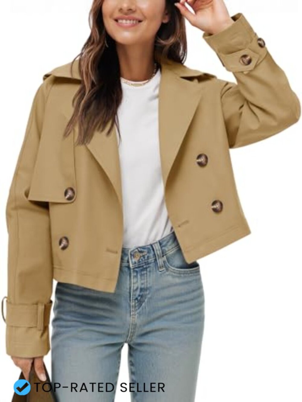 Womens Cropped Trench Coat Oversized Double Breasted Button Down Jacket